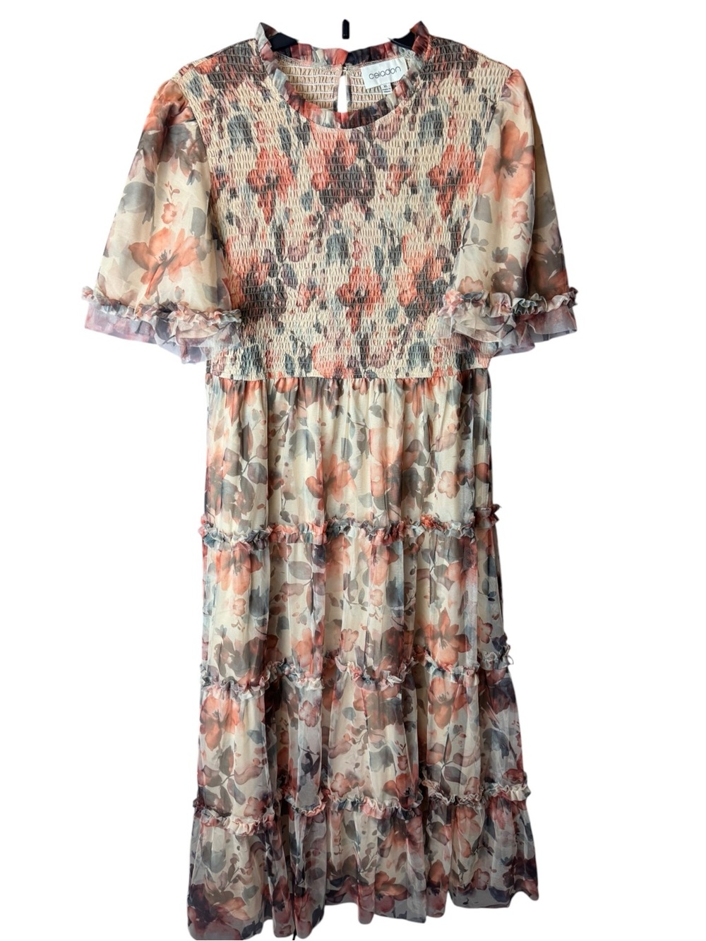 Celadon Floral Smocked Feminine Dress XL